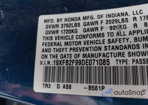 2013 Honda Civic Ex-L из США, поврежденный, VIN 19XFB2F99DE071085